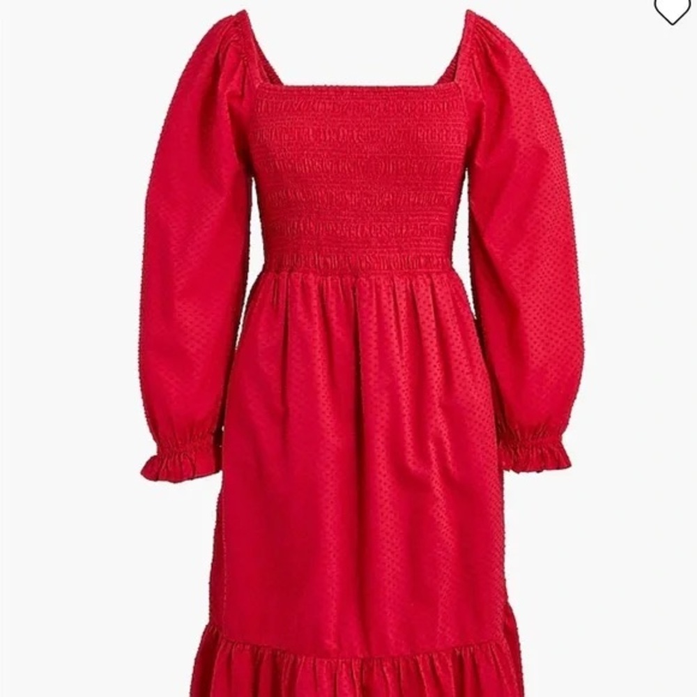 J. Crew Factory Red Smocked Clip Dot Puff Sleeve Midi Dress M 100% Cotton Pocket